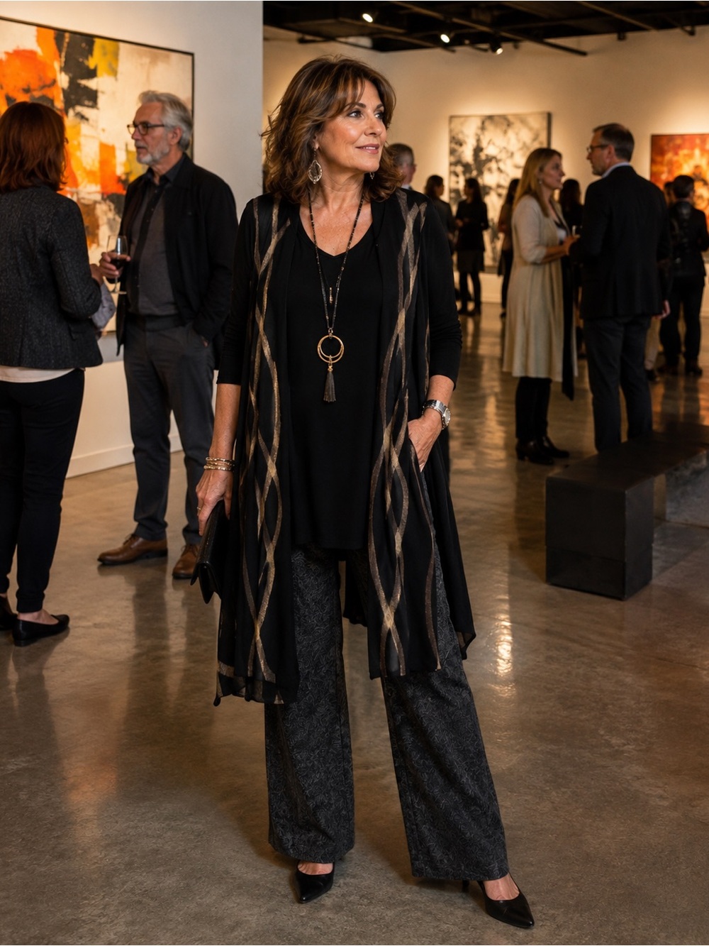 L Black Artsy Dress / top with Taupe Geometric Trim on attached scarf panel